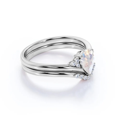 La poire naturelle de l'or S925 forment l'arc-en-ciel Moonstone Ring Boho Wedding Set de la CZ