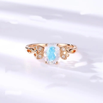 Anneau bleu véritable 925 Sterling Silver Plated Rose Gold de Moonstone de bijoux de mode