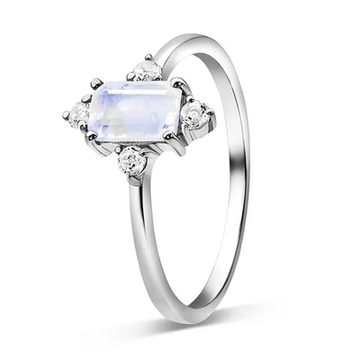 Anneaux plaqués Sterling Silver d'Emerald Cut Blue Moonstone Engagement d'or blanc