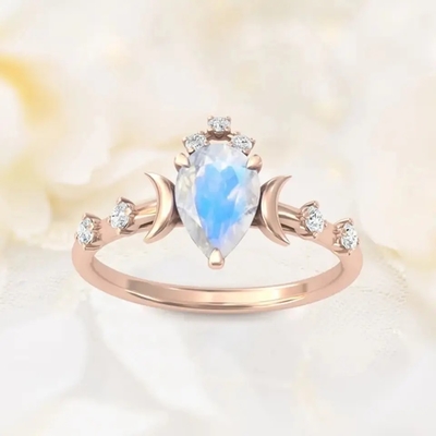 Coupe véritable de poire de Moonstone des pierres gemmes 925 d'anniversaire d'anneaux argentés naturels de bijoux