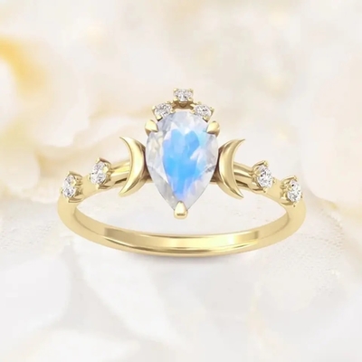 Coupe véritable de poire de Moonstone des pierres gemmes 925 d'anniversaire d'anneaux argentés naturels de bijoux