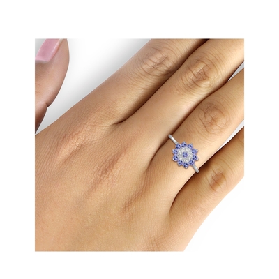 Les bijoutiers de conception de fleur de branche matraquent l'anneau Sterling Silver Ring Jewelry de Tanzanite avec l'accent blanc de la CZ