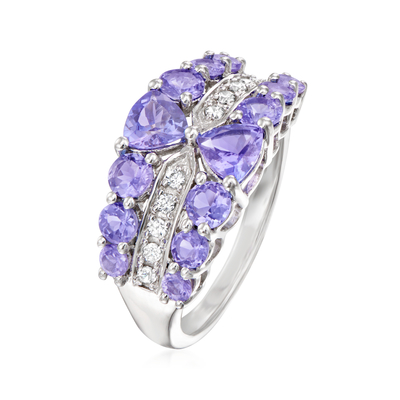 Fourche 1,25 du carat 4 Tanzanite naturel ové et accent CZ blanche Sterling Silver Ring