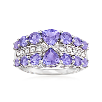 Fourche 1,25 du carat 4 Tanzanite naturel ové et accent CZ blanche Sterling Silver Ring