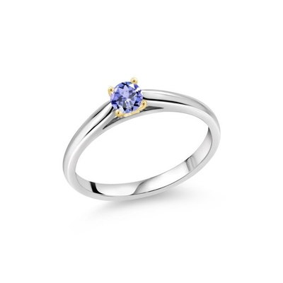 Gem Stone King 0,18 Ct Tanzanite bleu 925 Sterling Silver Ring avec des fourches de l'or 10K jaune sonnent