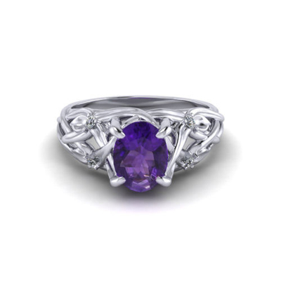 Or blanc floral de Ring In 14k d'améthyste, améthyste de 6x8mm, diamant .06cttw