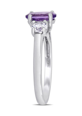 Améthyste coupée ovale et anneau blanc créé du saphir 3-Stone en Sterling Silver