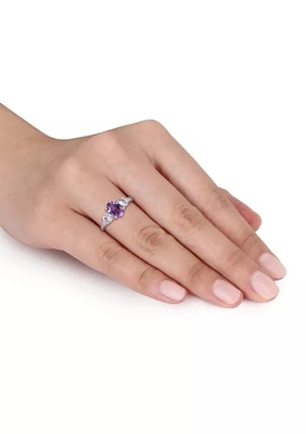 Améthyste coupée ovale et anneau blanc créé du saphir 3-Stone en Sterling Silver