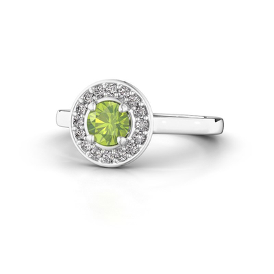 Anneau de halo de platine de halo avec un grand Peridot embrassé par de plus petites pierres gemmes classées