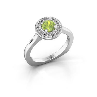 Anneau de halo de platine de halo avec un grand Peridot embrassé par de plus petites pierres gemmes classées