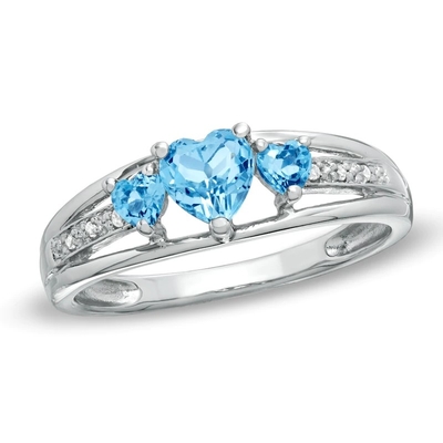 Topaze bleue en forme de coeur et or blanc en pierre de l'anneau 10K de promesse d'accent trois de la CZ