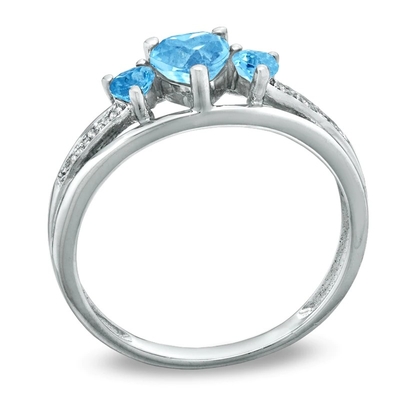 Topaze bleue en forme de coeur et or blanc en pierre de l'anneau 10K de promesse d'accent trois de la CZ