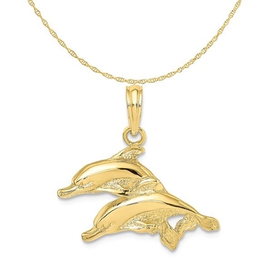 l'or 10K jaune a poli le charme pendant gravé de dauphins avec le collier léger de chaîne de corde de l'or 14K jaune