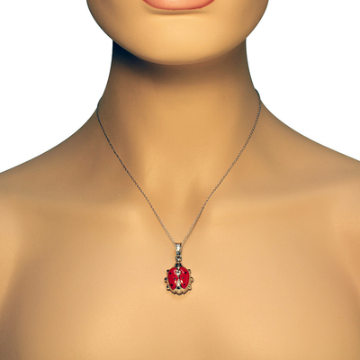 925 collier pendant d'émail de Sterling Silver 3D de charme rouge de coccinelle