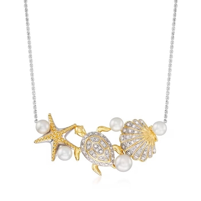 perle cultivée par 4-5.5mm et .14 ct. t.w. Diamond Sea Life Necklace en Sterling Silver et or 18kt au-dessus de Sterling Details