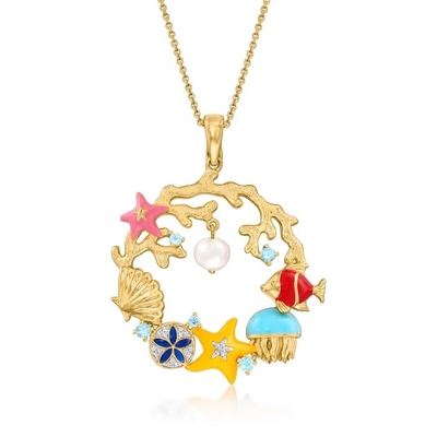perle cultivée par 4-5.5mm et .14 ct. t.w. Diamond Sea Life Necklace en Sterling Silver et or 18kt au-dessus de Sterling Details