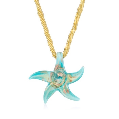Collier en verre d'étoiles de mer de Murano de turquoise italienne avec de l'or 18kt au-dessus de Sterling