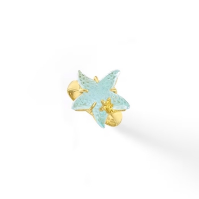 Boucles d'oreille bleues italiennes de cercle d'étoiles de mer d'émail en or 14kt jaune. 1 1/4