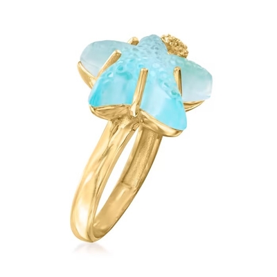 Boucles d'oreille bleues italiennes de cercle d'étoiles de mer d'émail en or 14kt jaune. 1 1/4