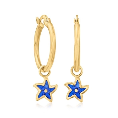 Boucles d'oreille bleues italiennes de cercle d'étoiles de mer d'émail en or 14kt jaune. 1 1/4