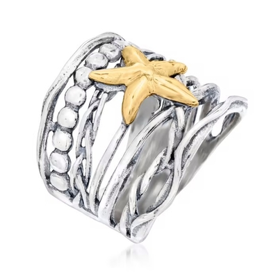 Anneau en verre vénitien bleu d'étoiles de mer de Tagliamonte 16mm d'Italien en or 18kt au-dessus de Sterling
