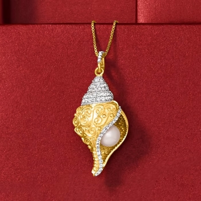 Pearl White cultivée par 6mm Topaz Seashell Pendant Necklace en or 18kt au-dessus de Sterling