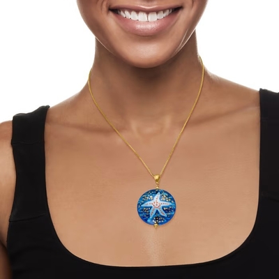Pendant en verre d'étoiles de mer de Murano d'Italien en or 18kt au-dessus de Sterling