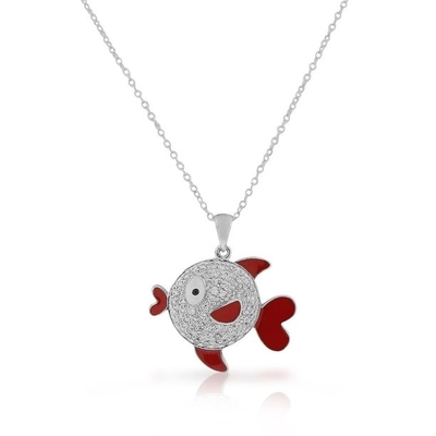 Collier clair blanc 925 Sterling Silver de pendant de poissons de la CZ d'émail rouge de vie marine