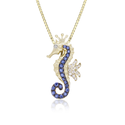 Or jaune Sapphire Seahorse Pendant Necklace bleue, bijoux de vie marine de style d'océan