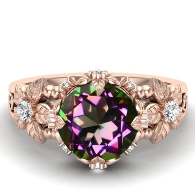 14K Sterling Silver Vintage Art Round plaqué par or a coupé Topaz Gemstone Engagement Rings blanc mystique