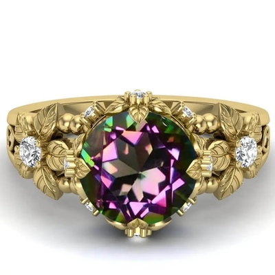 14K Sterling Silver Vintage Art Round plaqué par or a coupé Topaz Gemstone Engagement Rings blanc mystique