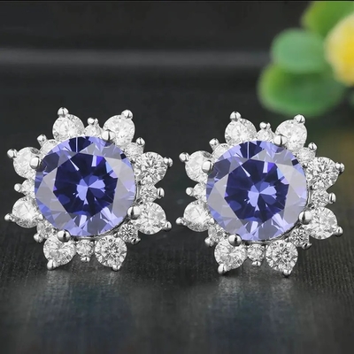l'ovale de halo de la CZ de bijoux de l'or 14K jaune a coupé les boucles d'oreille classiques de Tanzanite de goujon des femmes vertes de la meilleure qualité de boucles d'oreille