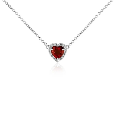 14K or blanc Garnet Pendant Necklace en forme de coeur, petite Sapphire Chain Necklace