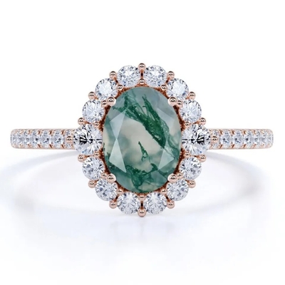 Anneau naturel d'usine de conception de Moss Agate Rings Top Quality de bijoux blancs uniques de S925 Rose Gold Plated Round Cut CZ
