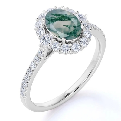Anneau naturel d'usine de conception de Moss Agate Rings Top Quality de bijoux blancs uniques de S925 Rose Gold Plated Round Cut CZ