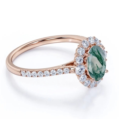 Anneau naturel d'usine de conception de Moss Agate Rings Top Quality de bijoux blancs uniques de S925 Rose Gold Plated Round Cut CZ
