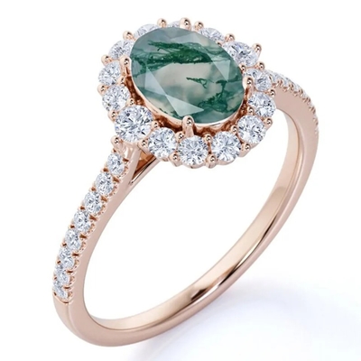 Anneau naturel d'usine de conception de Moss Agate Rings Top Quality de bijoux blancs uniques de S925 Rose Gold Plated Round Cut CZ