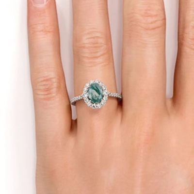 Anneau naturel d'usine de conception de Moss Agate Rings Top Quality de bijoux blancs uniques de S925 Rose Gold Plated Round Cut CZ
