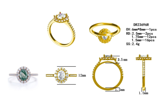 Anneau naturel d'usine de conception de Moss Agate Rings Top Quality de bijoux blancs uniques de S925 Rose Gold Plated Round Cut CZ
