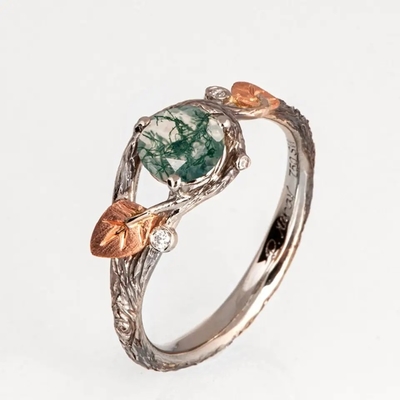 Le rond 925 vert argenté a formé l'anneau de mariage unique de vente de Moss Crystal Meaning Agate Jewelry For