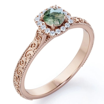 Bijoux verts bleus du cru S925 Moss Agate Ring 14K Rose Gold Plated White CZ