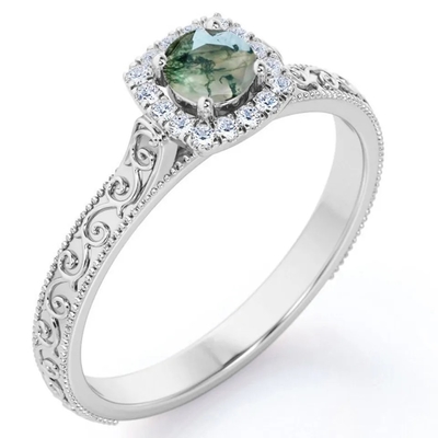 Bijoux verts bleus du cru S925 Moss Agate Ring 14K Rose Gold Plated White CZ