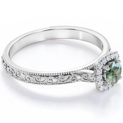 Bijoux verts bleus du cru S925 Moss Agate Ring 14K Rose Gold Plated White CZ