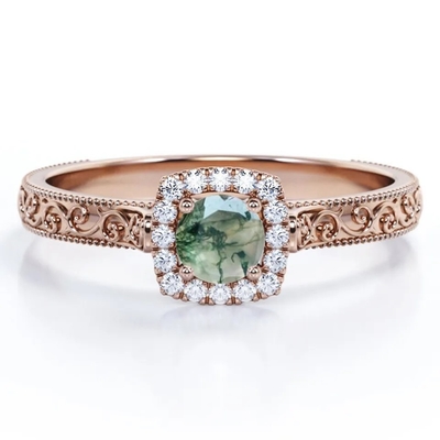 Bijoux verts bleus du cru S925 Moss Agate Ring 14K Rose Gold Plated White CZ