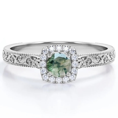 Bijoux verts bleus du cru S925 Moss Agate Ring 14K Rose Gold Plated White CZ