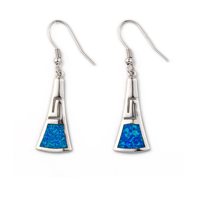 925 avec les boucles d'oreille grecques 925 de clé de méandre de Sterling Silver Blue Retro Opal avec Sterling Silver