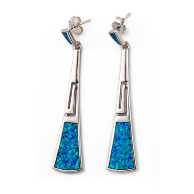 925 avec les boucles d'oreille grecques 925 de clé de méandre de Sterling Silver Blue Retro Opal avec Sterling Silver