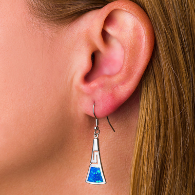 925 avec les boucles d'oreille grecques 925 de clé de méandre de Sterling Silver Blue Retro Opal avec Sterling Silver