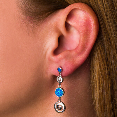 925 avec Sterling Silver Greek Opal Dangle Meander Meandros Earrings bleu principal pour des femmes