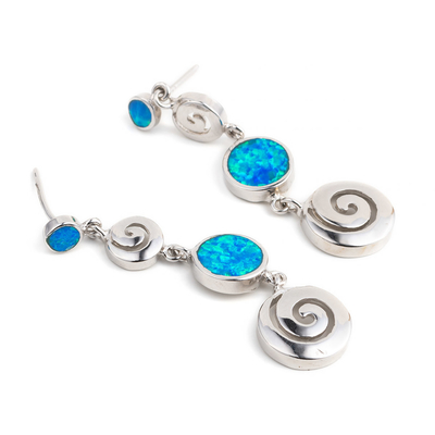 925 avec Sterling Silver Greek Opal Dangle Meander Meandros Earrings bleu principal pour des femmes
